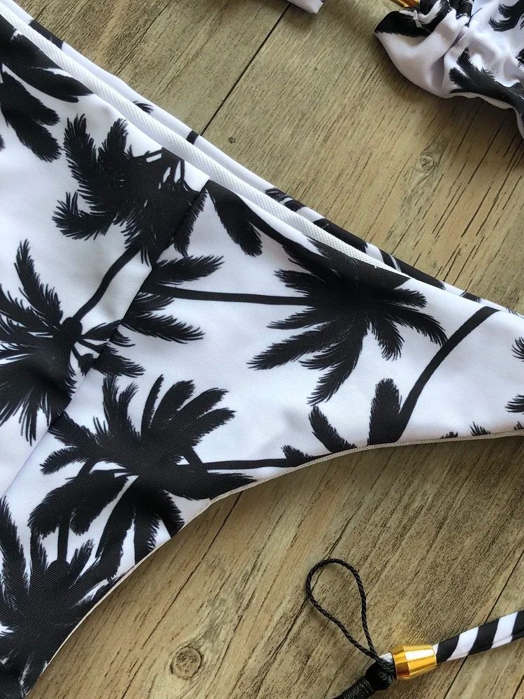 Sexy Black and White Coconut Tree Bikini Set, Women Triangle Halter Swimsuit, Brazilian Style Bathing Suit