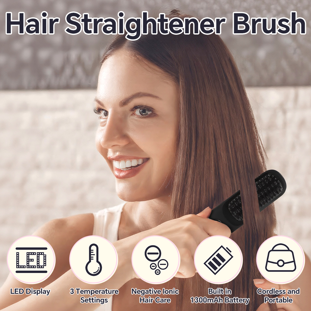 Ionic Hair Straightener Brush with Ceramic Comb Fast Heating Portable Styling Tool