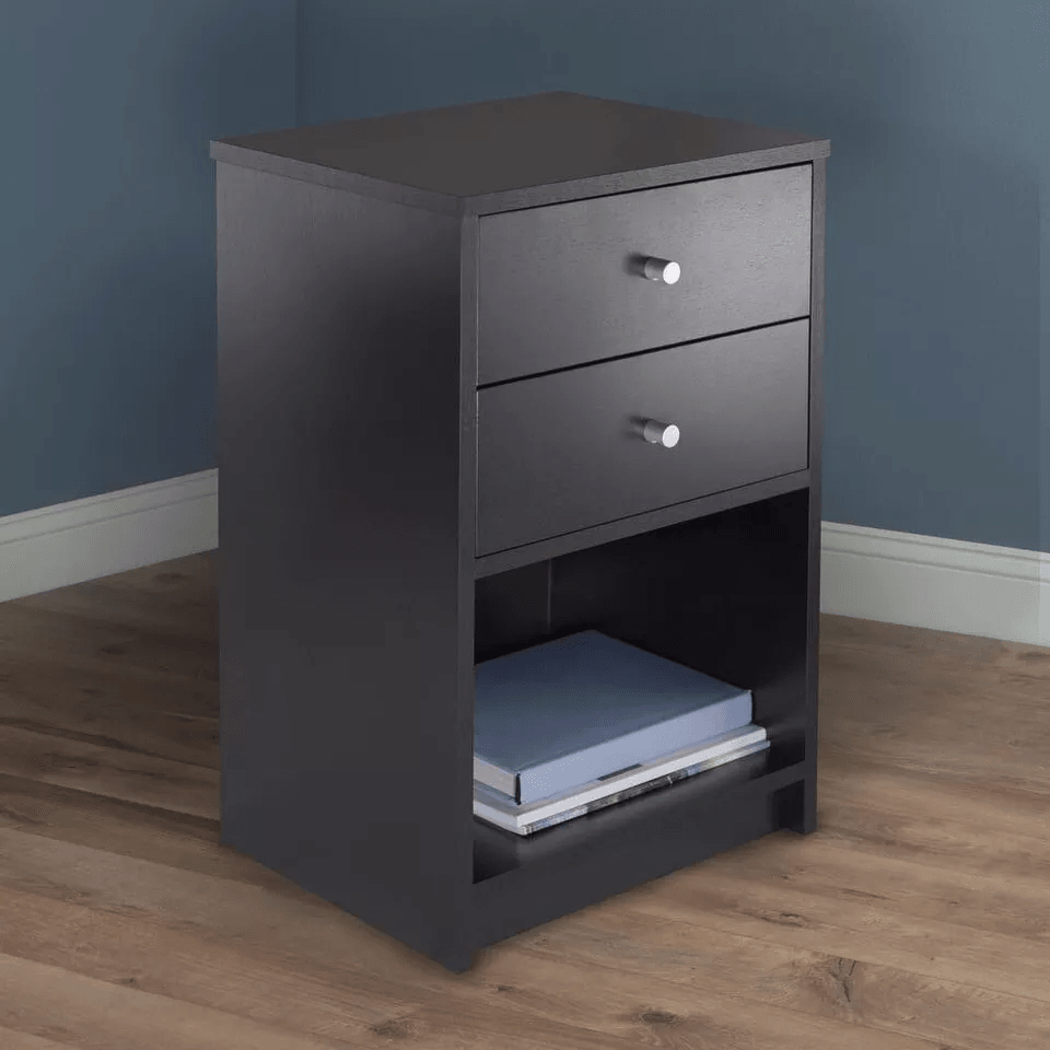 Modern Black 2 Drawer Nightstand, Wood Storage End Table & Bedside Organizer