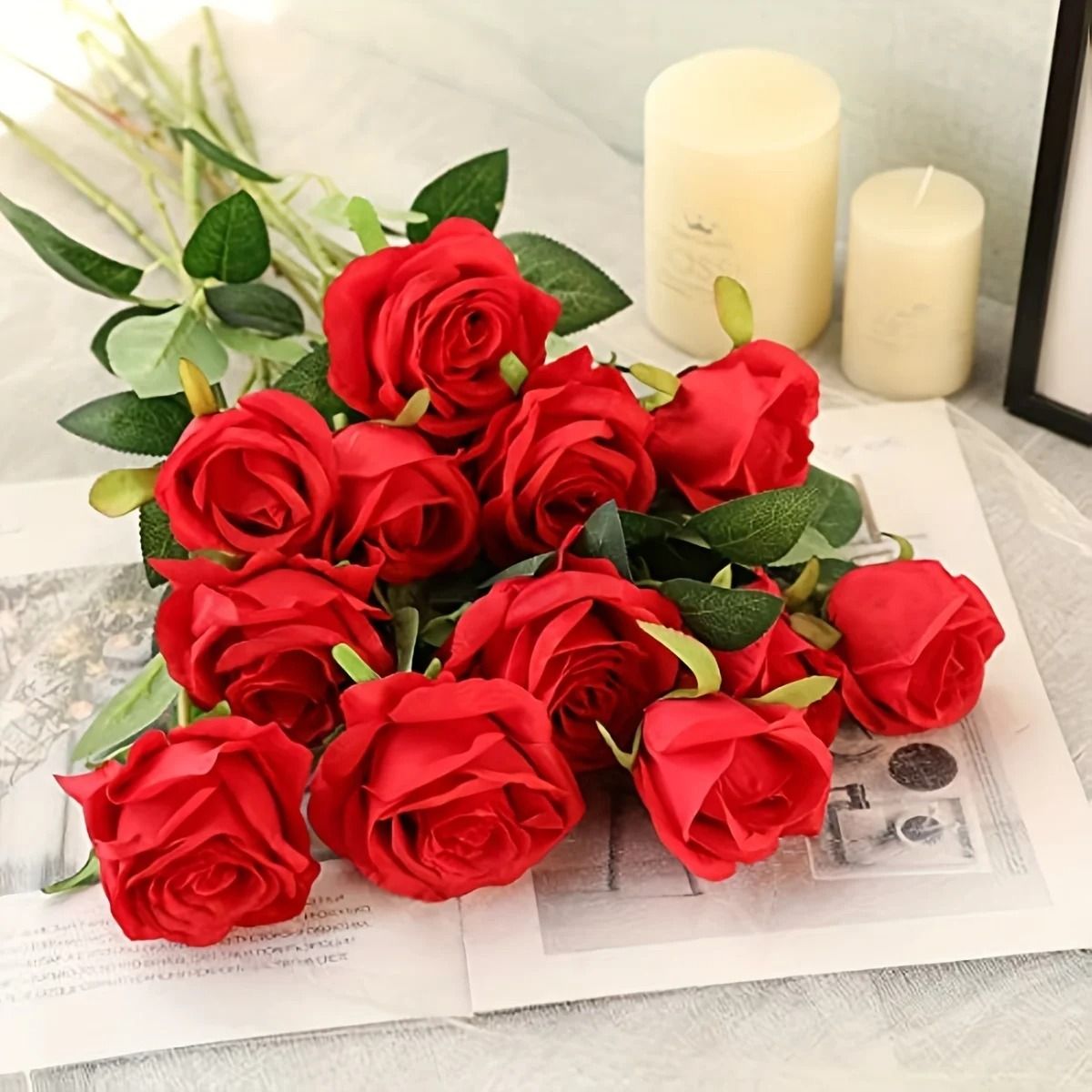 12 Piece Realistic Artificial Rose Bouquet for Home Decor