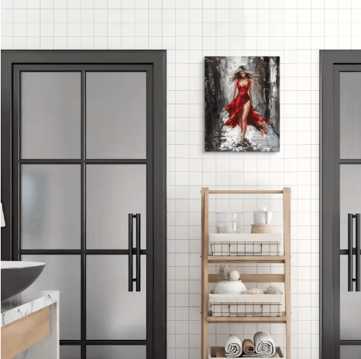 Elegant Woman in Red Dress Framed Canvas Oil Painting Vibrant Portrait Wall Art