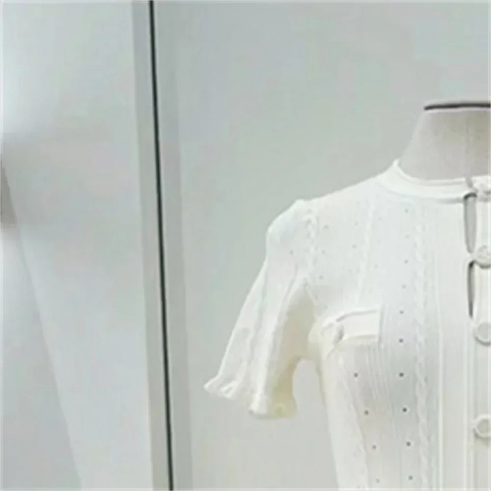 Elegant Lady Summer Dress, Women O Neck Long Robe, White Knit Thread, Ruffled Sleeve, Slim Mid Length, Single Breasted
