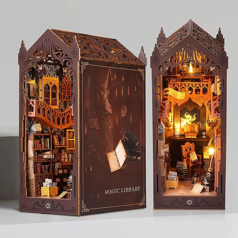 DIY Book Nook Kit Wooden Dollhouse Building Set LED Bookshelf Insert Miniature House Bookend