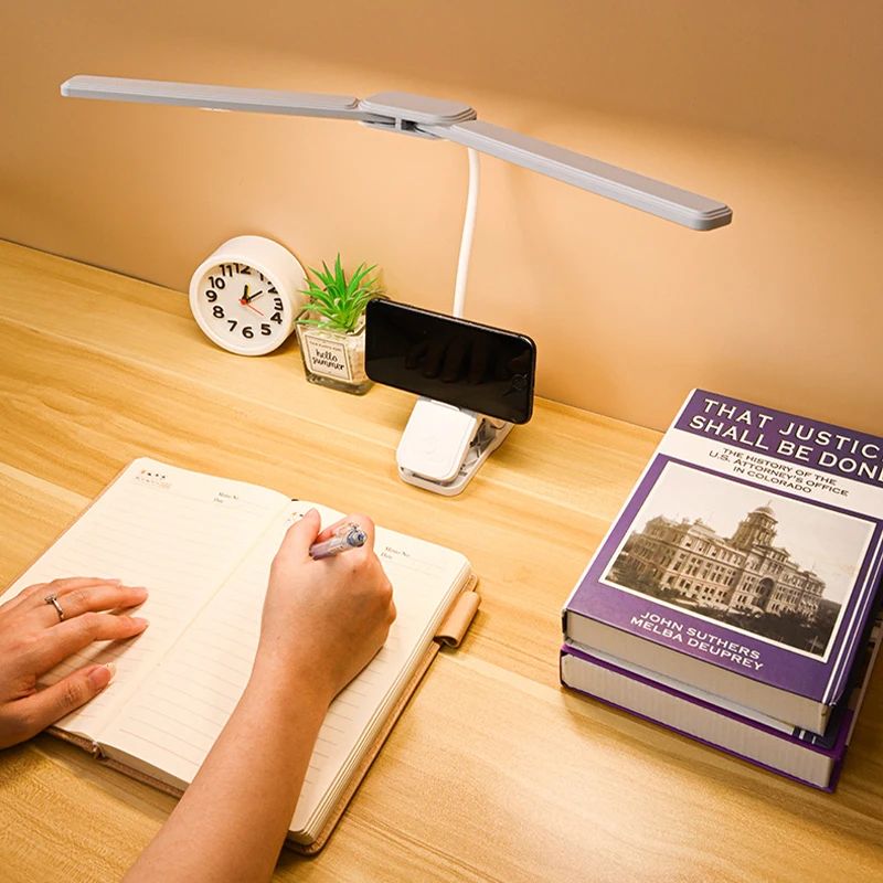 Dual Head USB-C Rechargeable LED Desk Lamp, Foldable Eye-Care Dimmable Reading Light for Bedroom Dorm Study