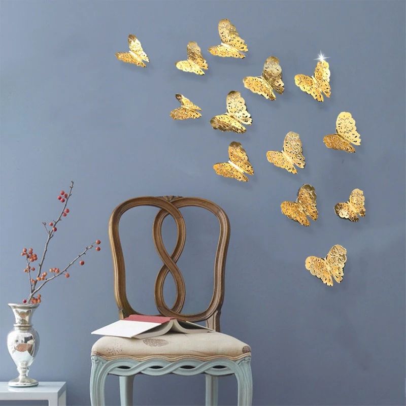 3D Mirror Butterfly Wall Stickers – Hollow Gold, Silver & Blue DIY Room Decor