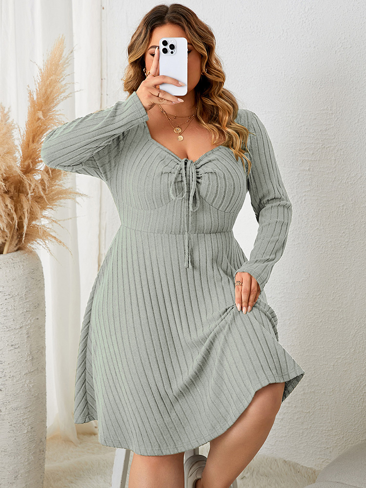 Sweetheart Neck Knot Front A-Line Dress for Women, Fall Vintage Ribbed Knit Long Sleeve Casual Winter Dresses