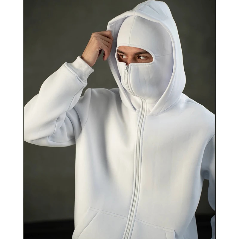 Men Balaclava Hoodie Double Hooded Sweatshirt with Zipper Mask for Gothic Streetwear