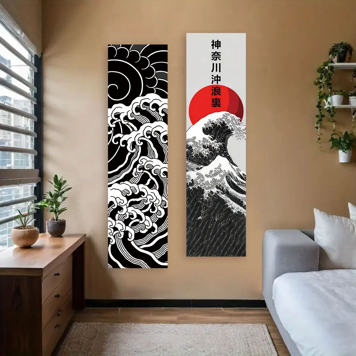 Japanese Wave Red Sun Tapestry – Japanese wall tapestry Great Wave Kanagawa Style Decor