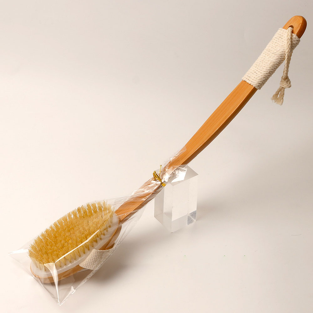 Bamboo Bath Brush with Long Curved Handle Pig Mane Back Scrubber for Massage Cleaning Foldable