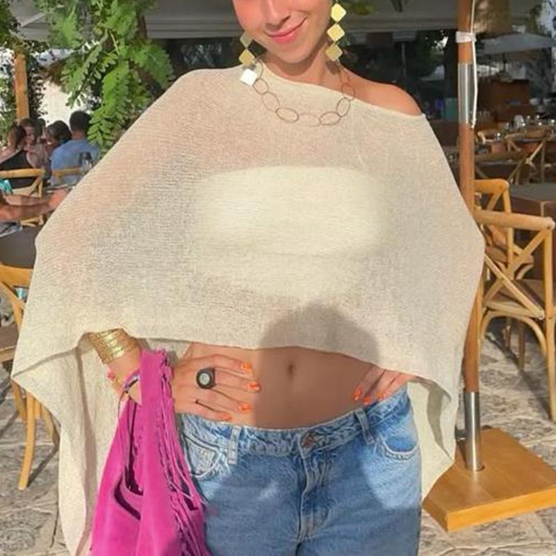 Summer Beach Tops, Women Knitwear Bikini Cover-up, Off Shoulder Irregular Triangle Hem Loose Pullover