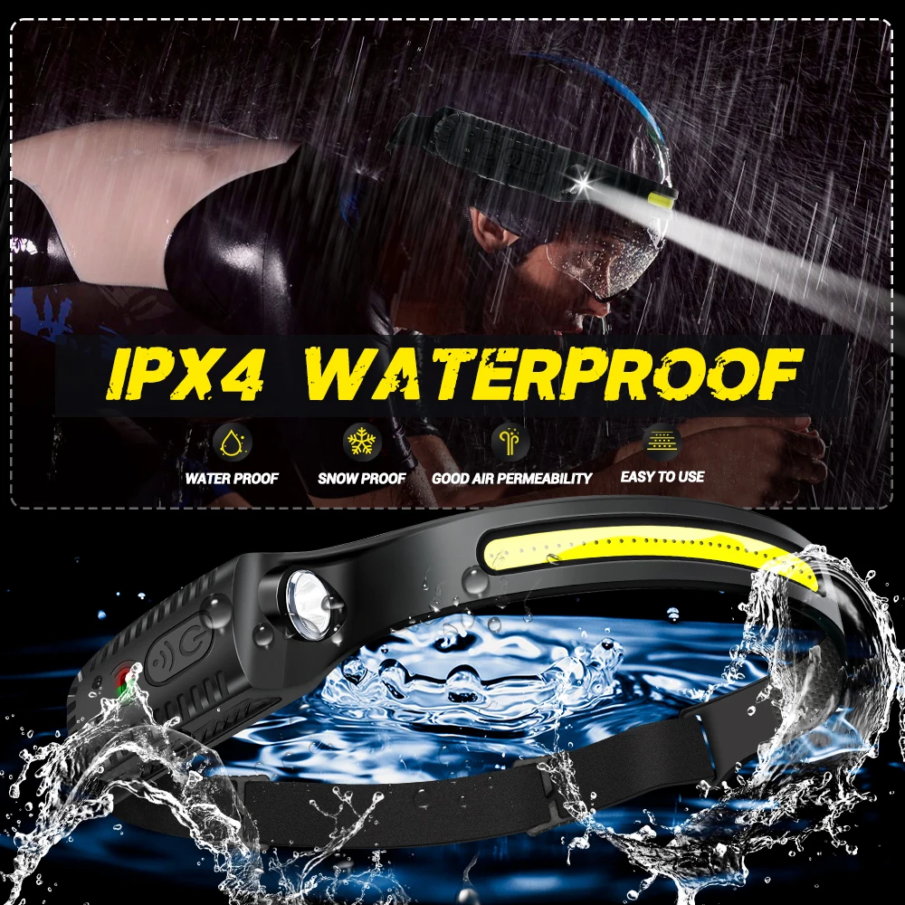 LED Sensor Headlamp USB Rechargeable Head Torch Waterproof Headlight Flashlight for Camping Hiking Fishing Outdoor