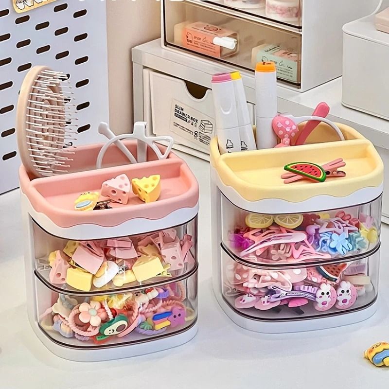 Cute Two Layer Hair Accessories Storage Box for Kids Desk and Jewelry Organization