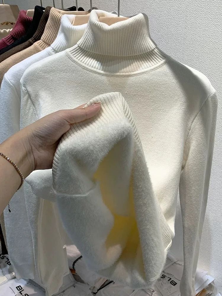 Elegant Thicken Velvet-Lined Turtleneck Sweater – Slim Knit Pullover & Warm Winter Jumper