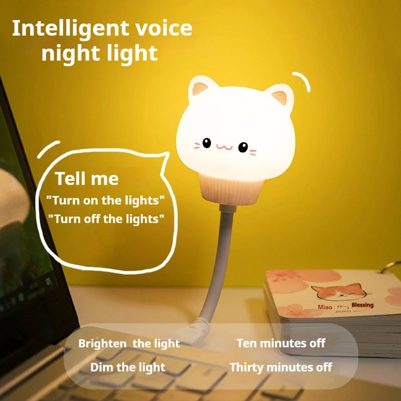 Cute Cartoon Bear & Kitten USB LED Night Light – Voice & Remote Control Kids Bedside Lamp