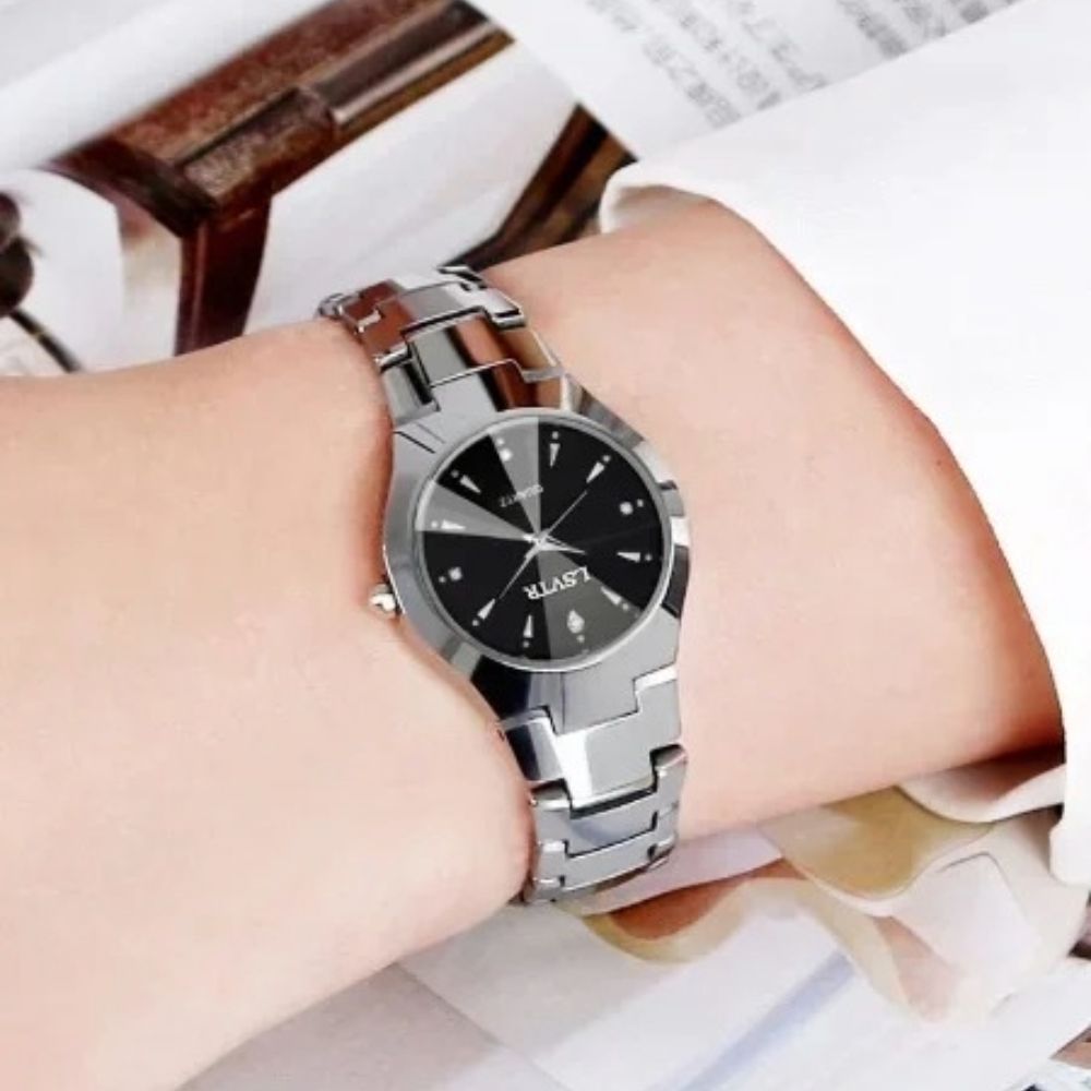 Tungsten Steel Quartz Watch with Calendar Unisex Couple Watch