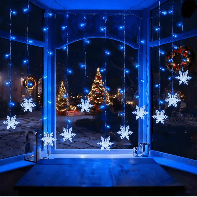 96 LED Solar Snowflake Curtain Lights Waterproof Christmas Decoration