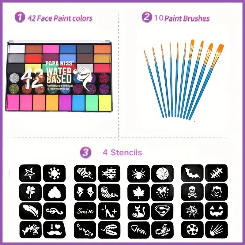 42 Colors Water Soluble Face Body Painting Set UV Neon Glitter Makeup For Halloween and Christmas