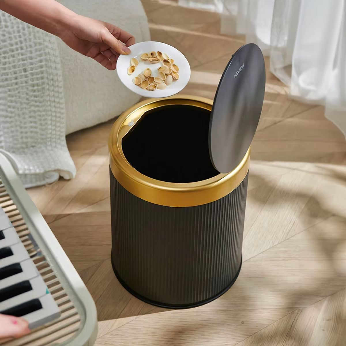 Modern White and Black Double-Layer Trash Bin with Press-Top Lid