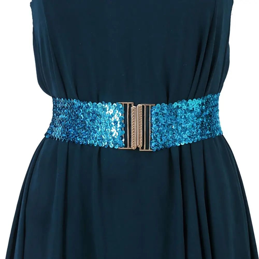 GlamCurve Wide Sequin Elastic Waist Belt with Gold Buckle