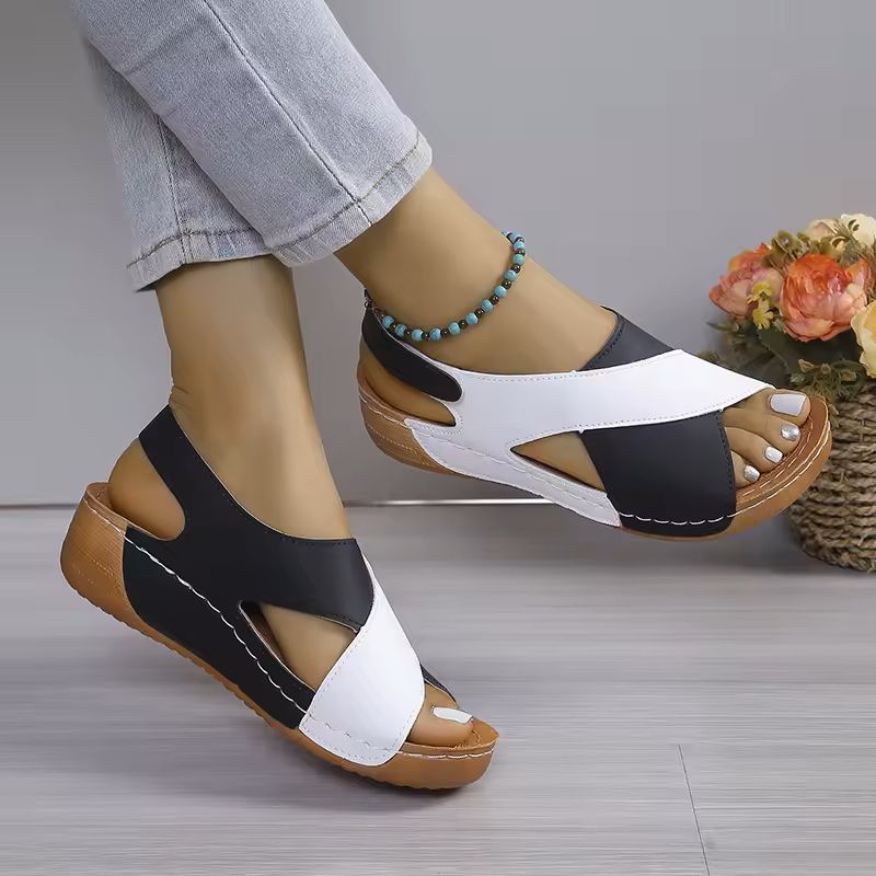 Womens Contrast Color Wedge Sandals Peep Toe Beach Shoes