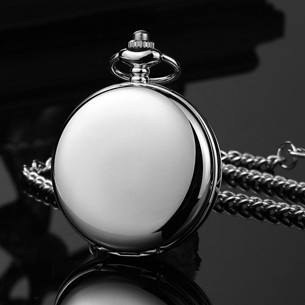 Modern Analog Pocket Watch with Luxury Smooth Silver Pendant, Roman Numerals, Unisex Chain Gift