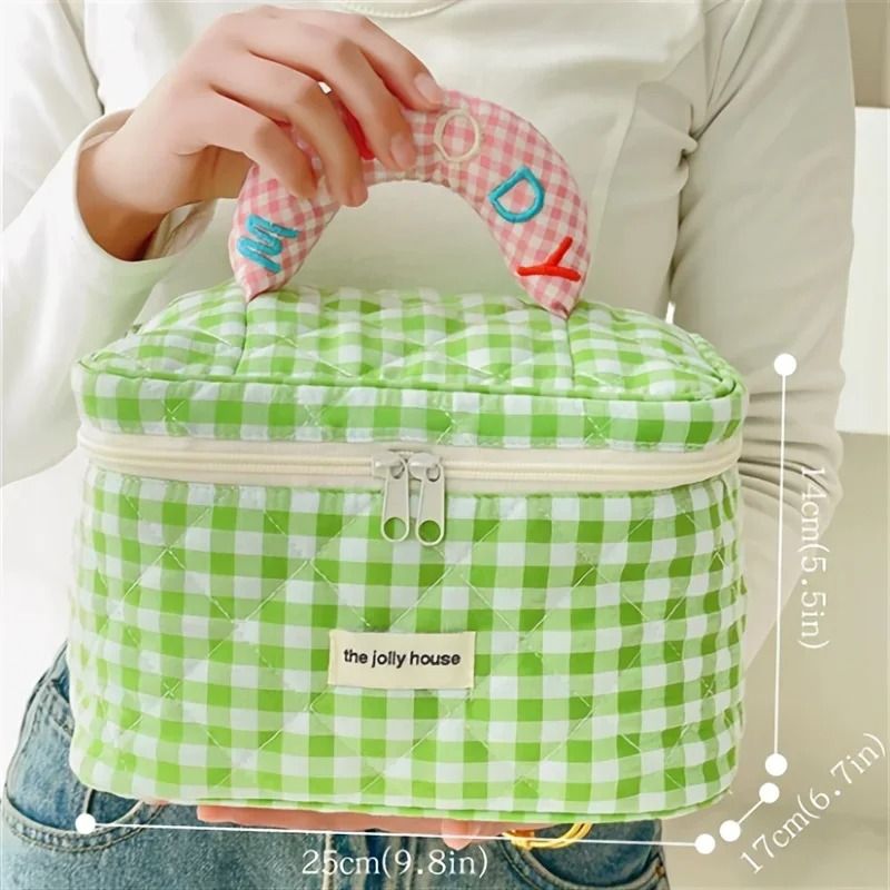 Cute Check Pattern Makeup Bucket Bag for Ladies Travel and Storage