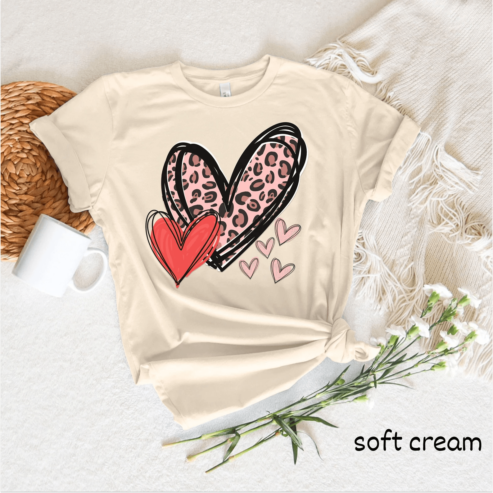 Leopard Heart Valentine Shirt Cute Doodle Heart Love Tee Womens Gift Top