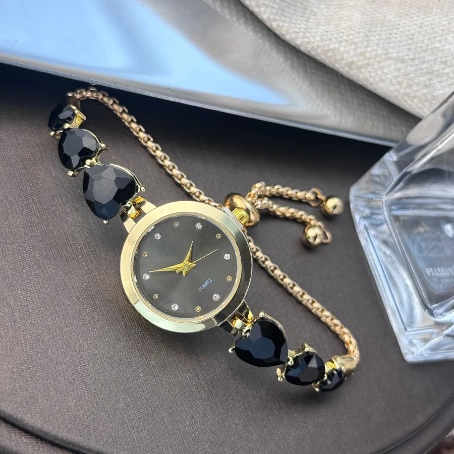 Triple Heart Diamond-Encrusted Bracelet Watch – Elegant Light Luxury Quartz Timepiece with Round Alloy Case