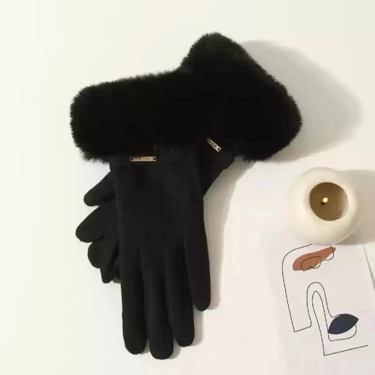 Winter Women Warm Plush Touch Screen Suede Gloves