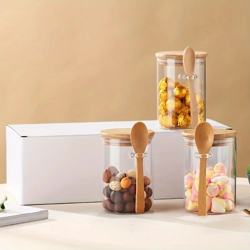 10 oz (280 ml) Glass Storage Jar with Sealed Bamboo Lid and Spoon for Candy, Biscuits and Bulk Food
