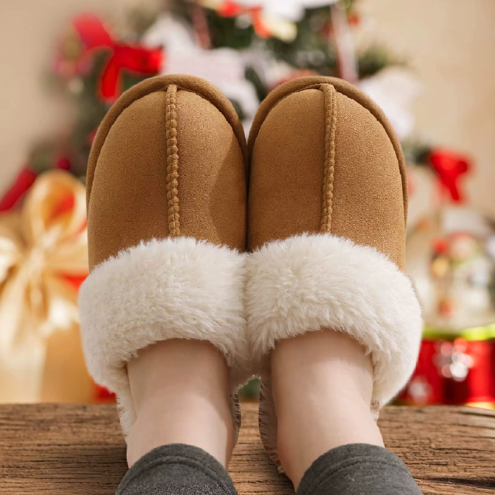 Winter Fuzzy Women Slippers Indoor Outdoor Soft Fluffy Suede House Shoes with Antiskid Sole
