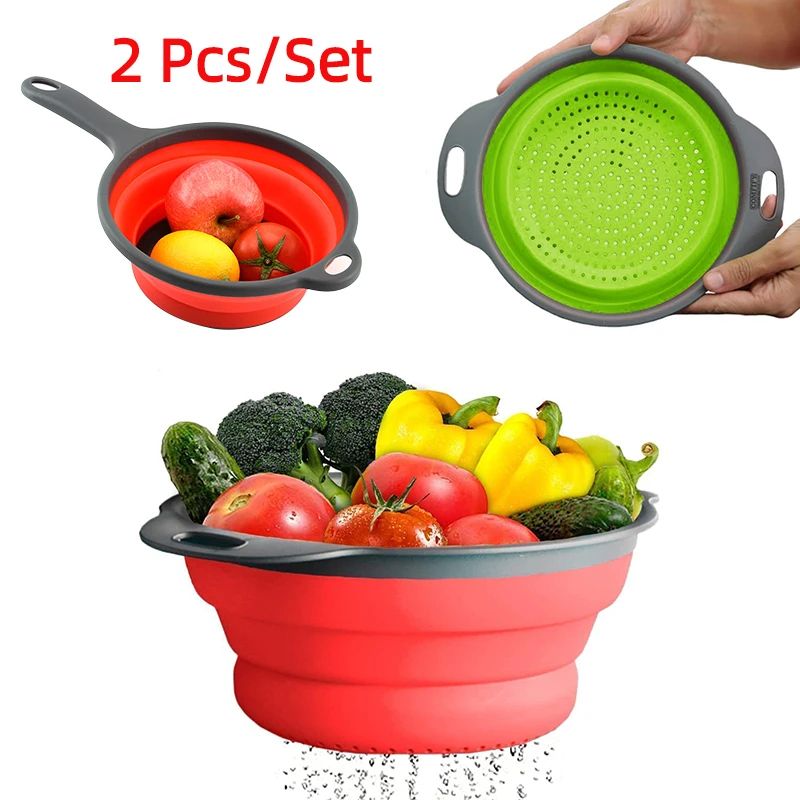Foldable Silicone Colander Set – Collapsible Fruit & Vegetable Strainers with Handles (2-Pack)