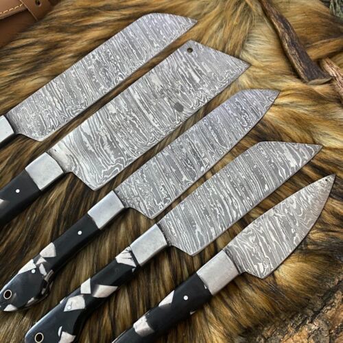 Premium Damascus Steel Kitchen & Hunting Knives – 5 Pc Set
