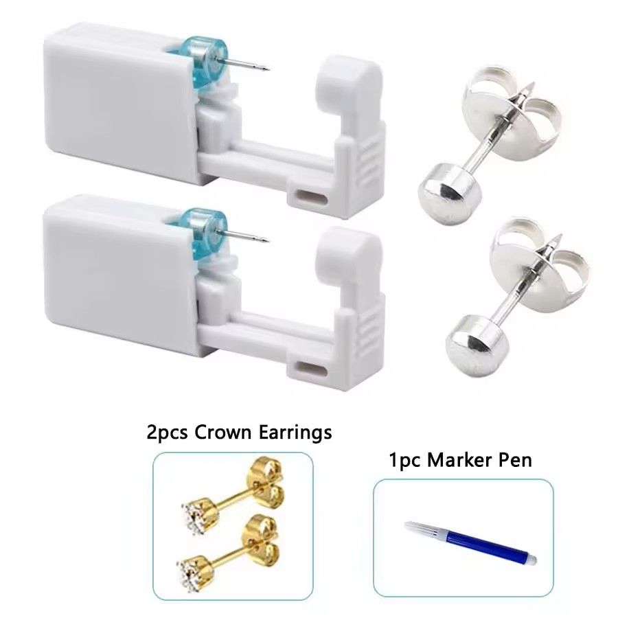 2PCS Disposable Ear Piercing Kit – Built-in Stud Guns + Bonus Cubic Zirconia Earrings | Safe & Easy Home Use Tool