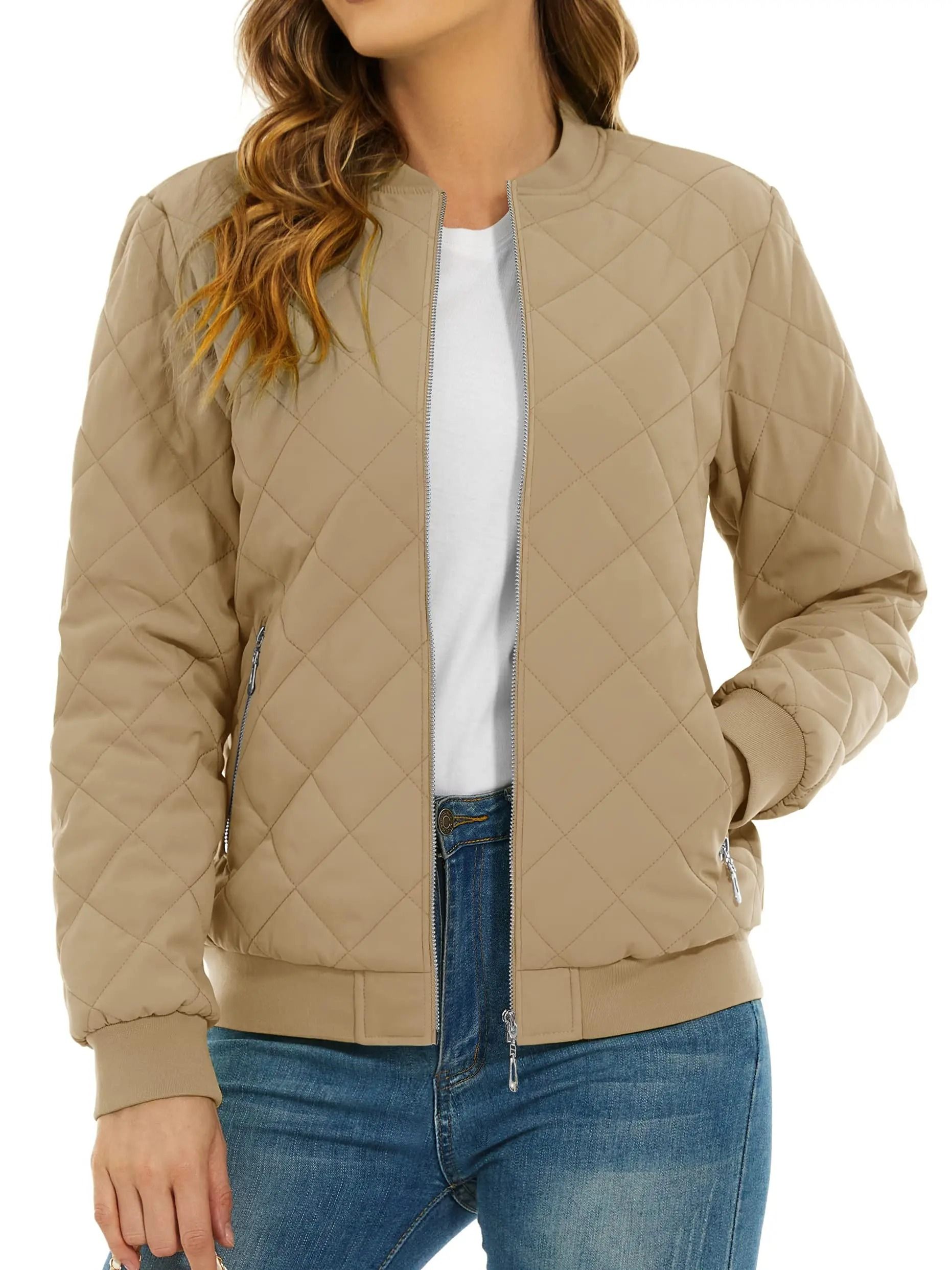 Womens Diamond Quilted Bomber Jacket Full Zip Warm Padded Coat