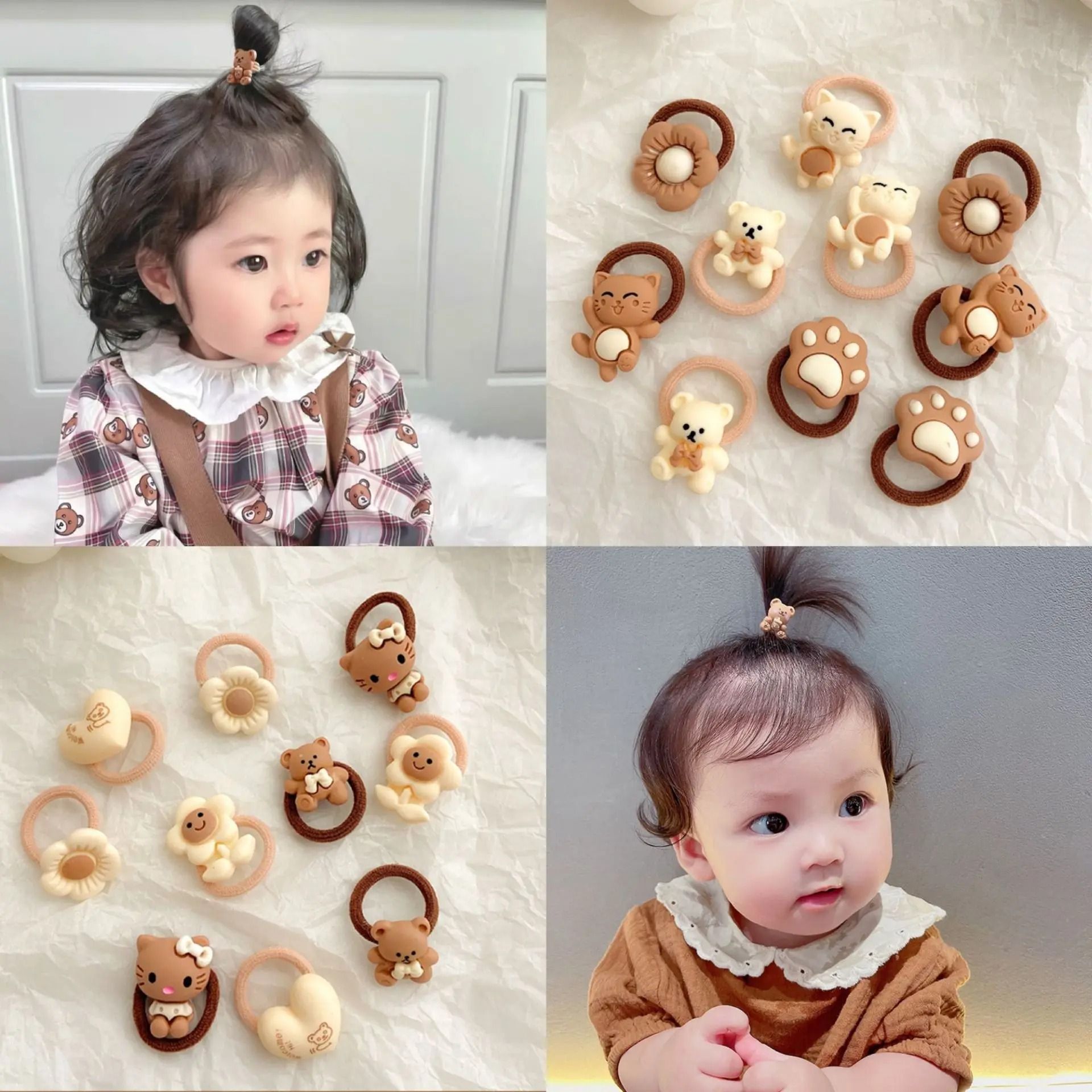 10-Piece Baby & Toddler Hair Tie Set – No-Hurt Elastic Mini Scrunchies with Cute Cartoon Bears, Rabbits & Flowers