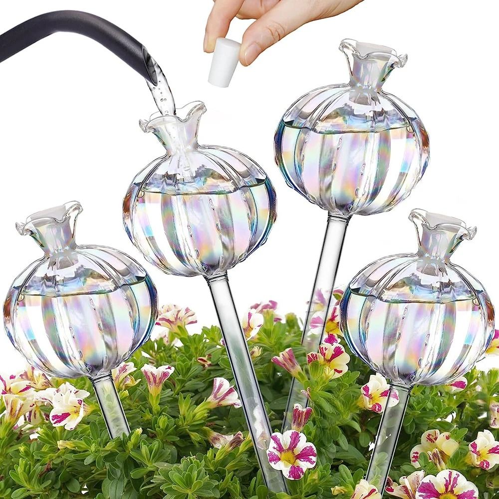 Glass Pomegranate Flower Plant Watering Globes Lazy Self Watering Drippers Set of 2