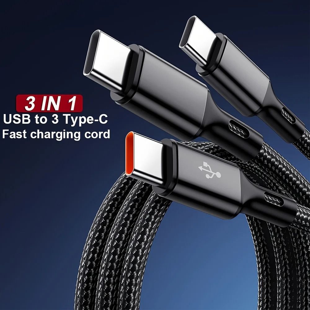 100W 3-in-1 Fast Charging Cable with Triple USB-C Connectors