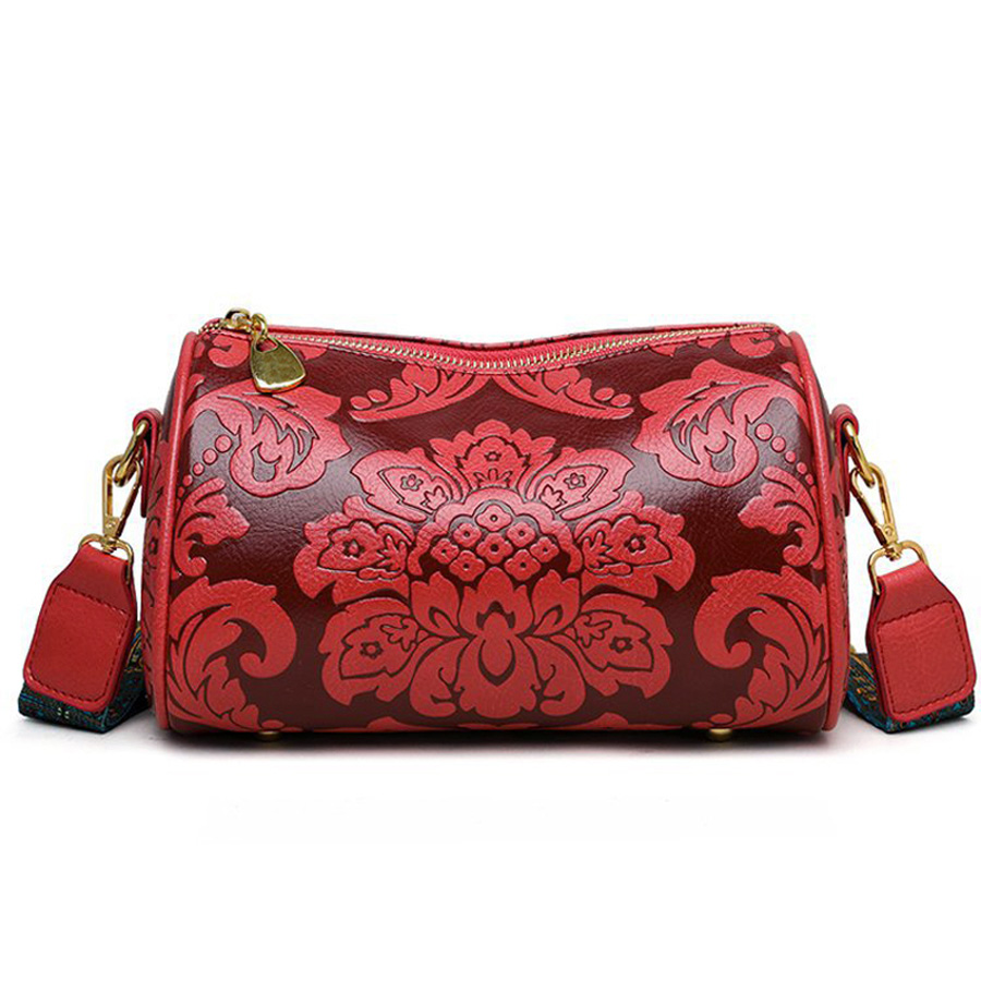 Fashionable Chinese Style Retro Womens Cylindrical Shoulder Crossbody Bag Embossed & Chic