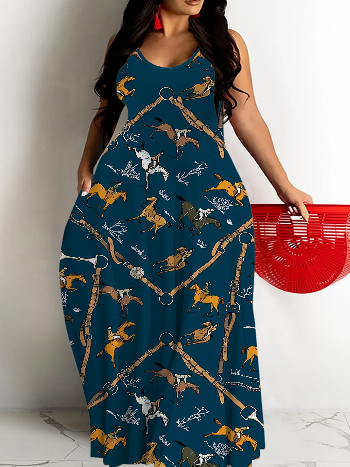 Womens Cross Border Summer Fashion Print Dress, Round Neck Sling Dress for Casual Daily Wear