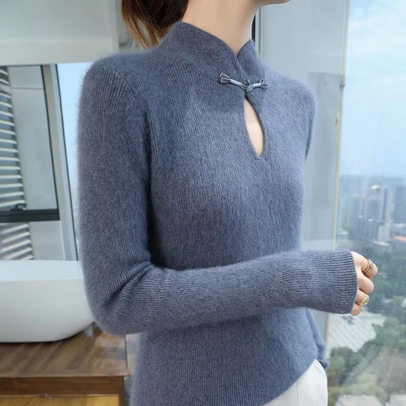 Elegance Mink 100% Mink Cashmere Stand-Collar Sweater – Slim-Fit Long Sleeve Pullover for Women
