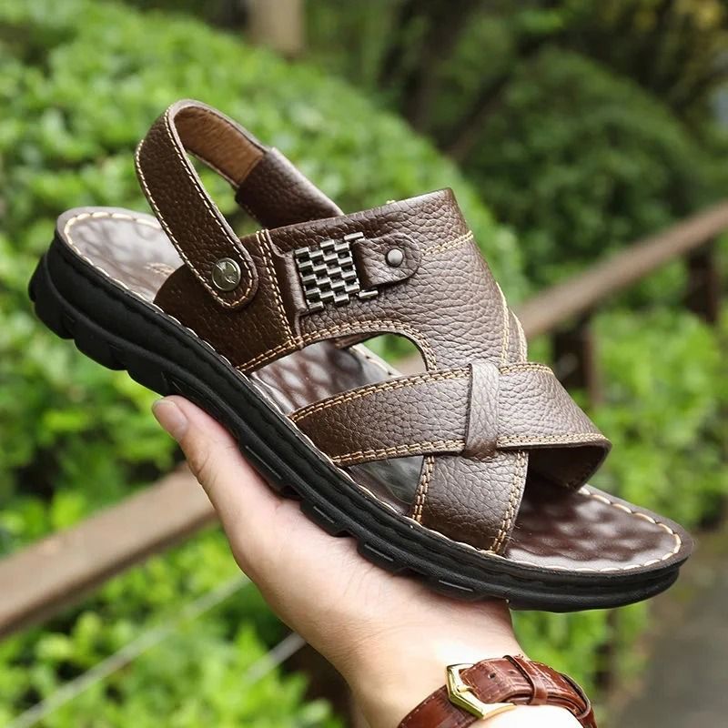 Men Genuine Leather Sandals with Non Slip Sole and Thick Cushioning for Summer Comfort