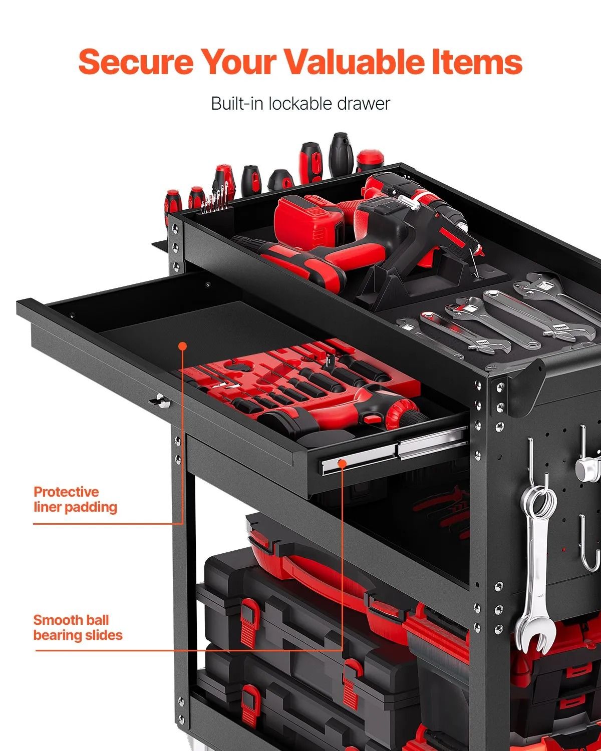 Heavy Duty Rolling Tool Cart with Drawer & Pegboard Tool Cart with Wheels 350 lbs Capacity