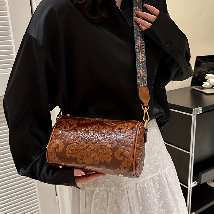 Fashionable Chinese Style Retro Womens Cylindrical Shoulder Crossbody Bag Embossed & Chic
