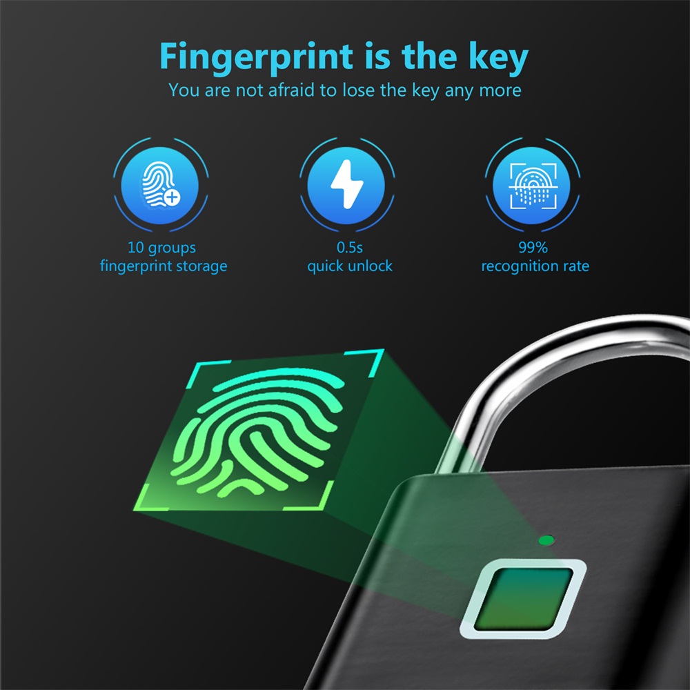 Smart Padlock Waterproof Fingerprint Lock Portable USB Charging Anti-theft Zinc