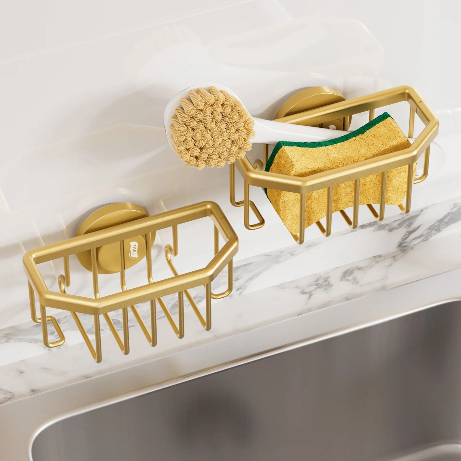 Gold Kitchen Sink Caddy – Rustproof Aluminum Sponge & Brush Holder with Strong Suction