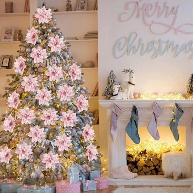 Glitter Pink Poinsettia Christmas Tree Flowers Set 5pcs