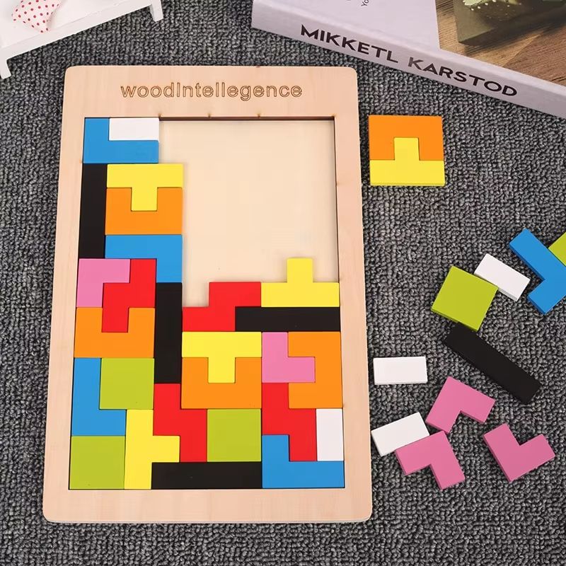 Montessori Wooden Tangram Puzzle Set Colorful 3D Russian Blocks Brain Teaser