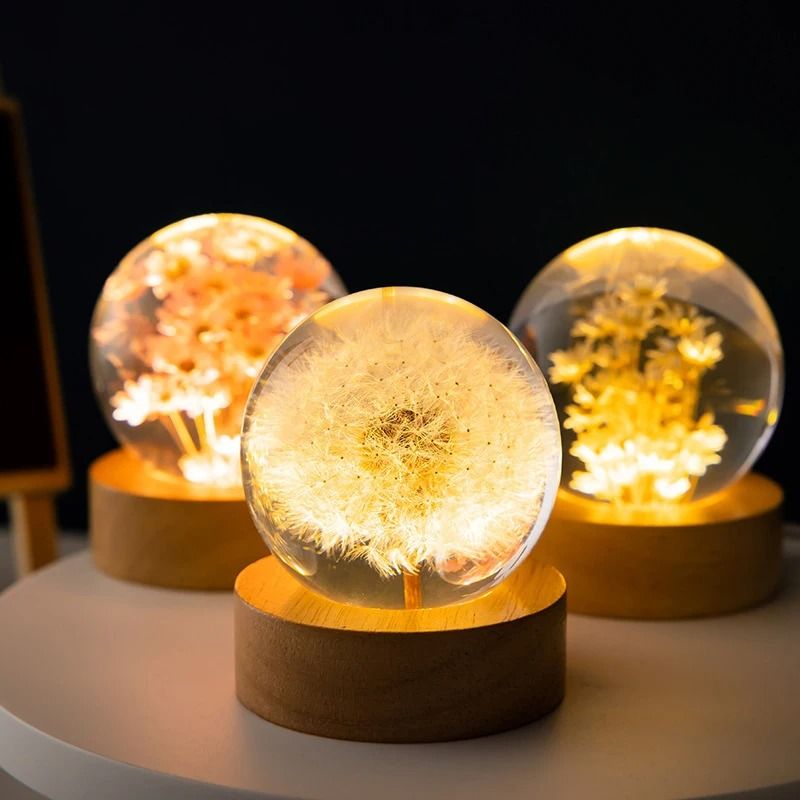 3D Dandelion Crystal Ball with Wood Stand Luminous Flower Sphere