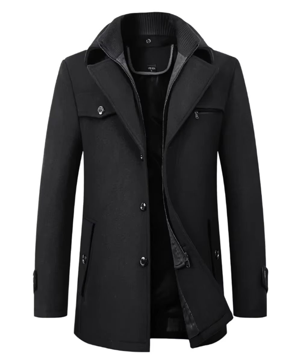 Classic Double Collar Men's Pea Coat – Elegant Men's Woolen Trench Coat Winter Overcoat